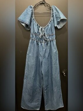 indulge Blue Denim Puff-Sleeve Jumpsuit